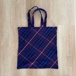Burberry Cotton Oversized Plaid Tote Bag Purple Blue Horseferry Plaid